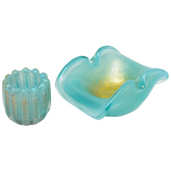 Azure and Gold Murano Ashtray and Cigarette Holder, Set of Two