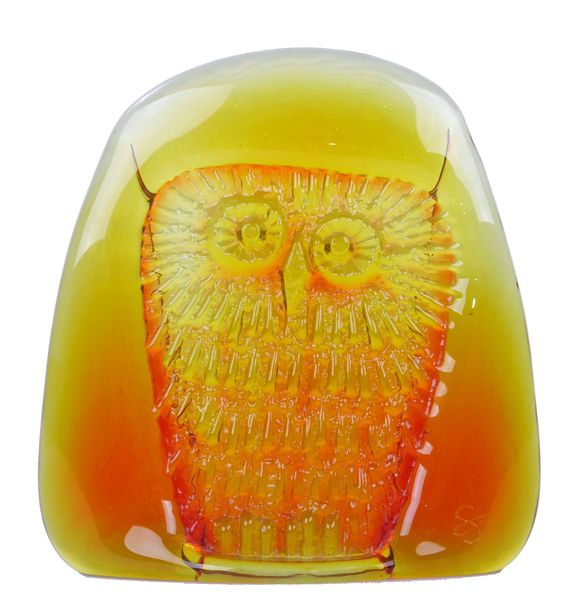 Signed Owl Glass Sculpture in Amber