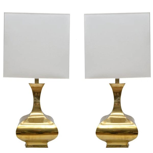 Tall Solid Brass Vessel Shape Table Lamps, a Pair