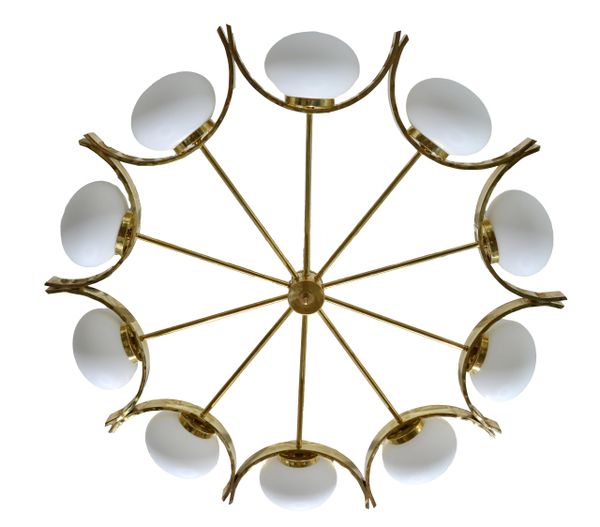 Italian Modern Round Brass and Ten Opaline Glass Globe Chandelier