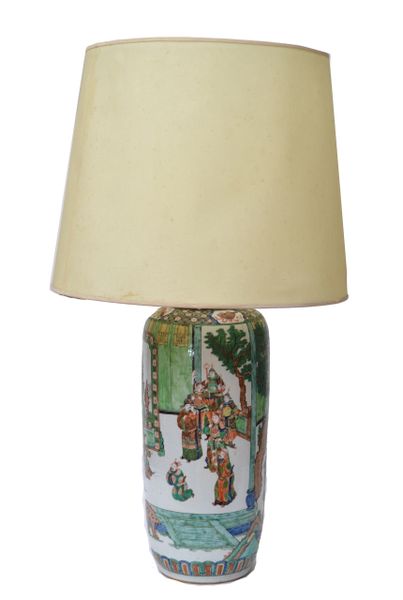 Signed Hand painted Chinese Porcelain Table Lamp with Original Shade