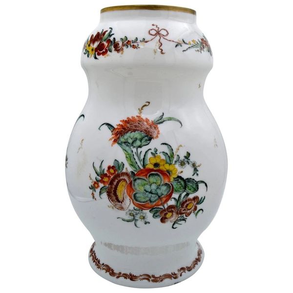 French Sevres Hand Painted Opaline Glass Vase with Gold Trim and Flower Motif