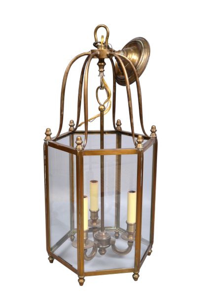 Rustic Brass and Glass Lantern Three-Light Hall Lantern