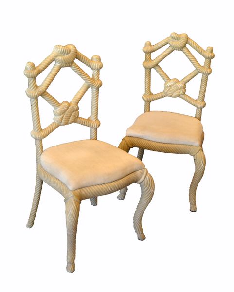 Venetian Wooden Rope & Tied Knot Accent Side Chairs - A Pair