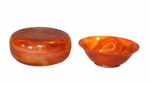 Vintage Carved Stone Agate Box & Bowl in Amber Color - Set