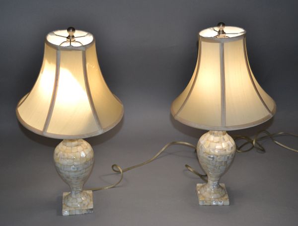 Vintage Capiz Shell Table Lamps With Shades - Pair | Galleria d'Epoca