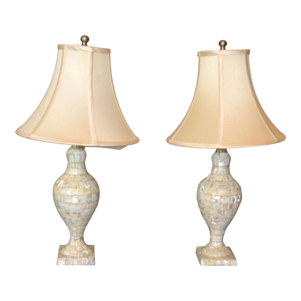 Vintage Capiz Shell Table Lamps With Shades - Pair
