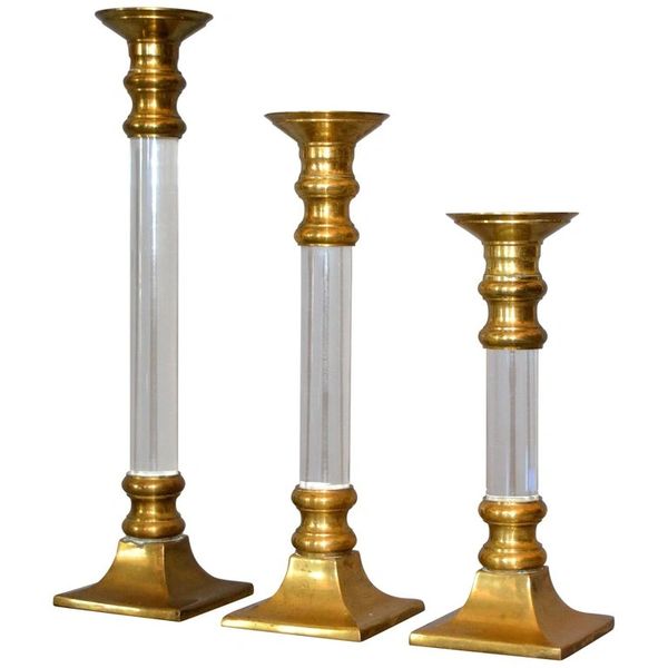 Mid-Century Modern Lucite & Brass Candle Holders or Candlesticks - Set of 3