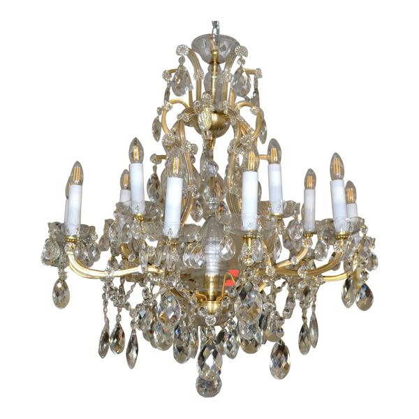 Vintage French Maria Theresa 16-Light Faceted Crystal & Gilt Metal Chandelier