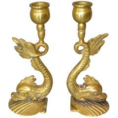 Bronze Neoclassical Sea Serpent or Koi Fish Candle Holders, Candlesticks - Pair