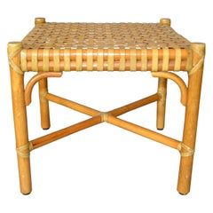 McGuire Mid-Century Modern Bamboo and Hand-Woven Leather Top Side Table, Stool