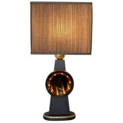 Mid-Century Modern Tall Brass, Glass, Wood Infinity Table Lamp in Black & Gold