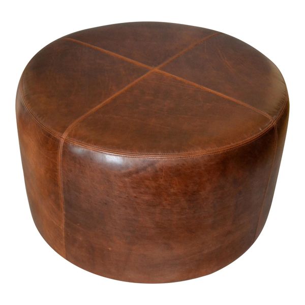 Modern Round Hand-Crafted Leather Ottoman, Pouf in Antique Leather, Contemporary