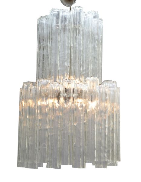 Italian Mid-Century Modern Two Tier Long Crystal Tronchi Shades Chandelier