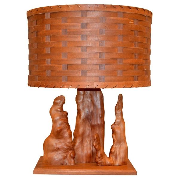 Organic Modern Sculptural Driftwood Table Lamp & Woven Basket Shade Walnut Base