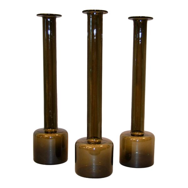 Set Of 3 Danish Modern Tall Hand Blown Smoke Black Glass Vases