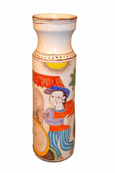Desimone Hand Painted Tall Art Pottery Flower Vase, Vessel, Olive Picking, Italy
