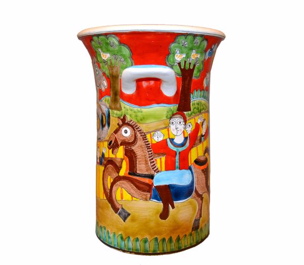 Desimone Hand Painted Art Pottery Vase, Vessel With Handles Circus Horses Italy