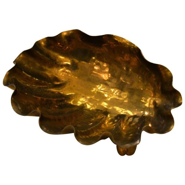Italian Golden Hand-Hammered Bronze Clam Footed Bowl, Key Dish, Catchall, Italy