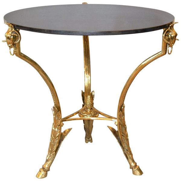 French Round Bronze Gueridon Style Table Rams Heads and Feet With Granite Top