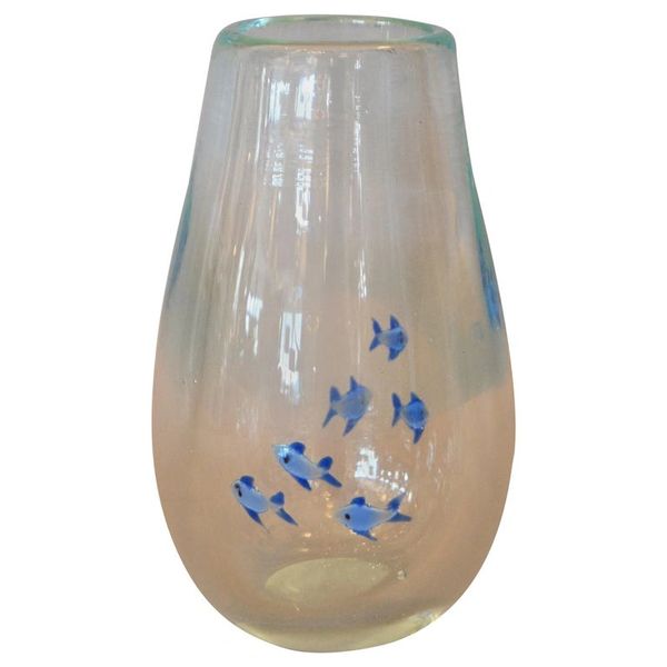 Mid-Century Modern Heavy Blown Clear Glass Studio Piece Blue Fish Vase, Italy