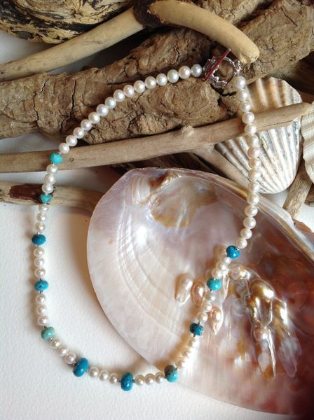 SLEEPING BEAUTY TURQUOISE AND PEARL NECKLACE.