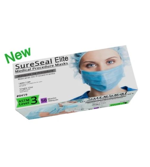 Case of 500 Sure Seal Elite Dual Fit ASTM Level 3 Fog Free Ear-Loop Face Masks