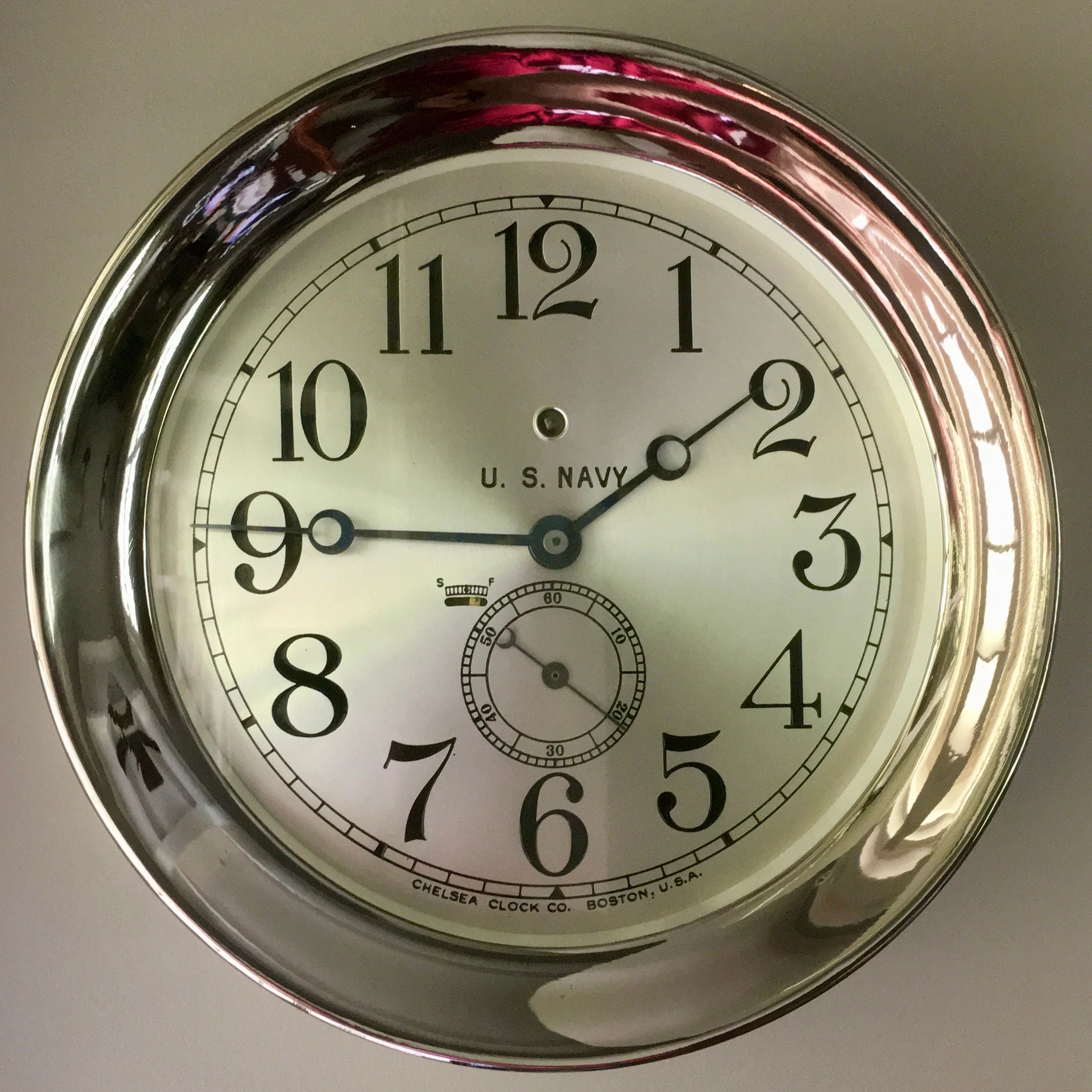 Completely restored 1917 Chelsea Clock Company "Reverse" Pilot House marine clock.