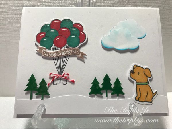 Season's Greeting, Dog, Balloons, Red & Green