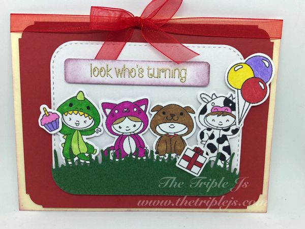 Look who's turning, Cow, Dog, Cat, Dino, Cupcake, Balloons