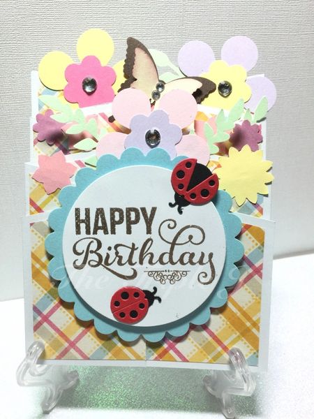 Happy Birthday, Zig Zag Card, Ladybug, Butterfly, Flowers