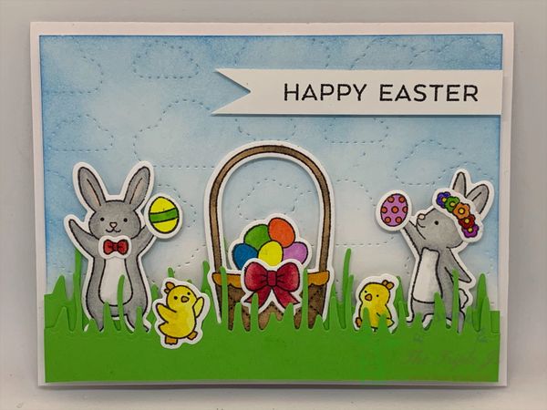 Happy Easter, Rabbits, Chicks, Eggs, Basket