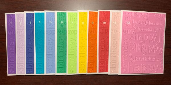 Lot of 12 Rainbow Embossed Cards, or Pick your own Color