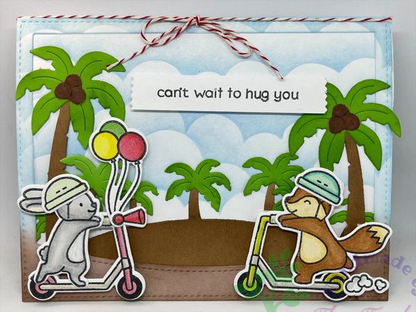 Can't wait to hug you, Pop up Card, Big Hug, Rabbit, Fox, Scooter, Palm Tree