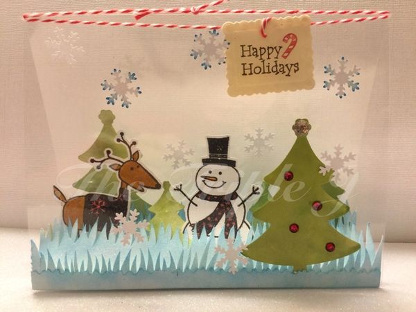 Happy Holidays, Clear Card, Snowman, Christmas Tree, Snowflake, Deer