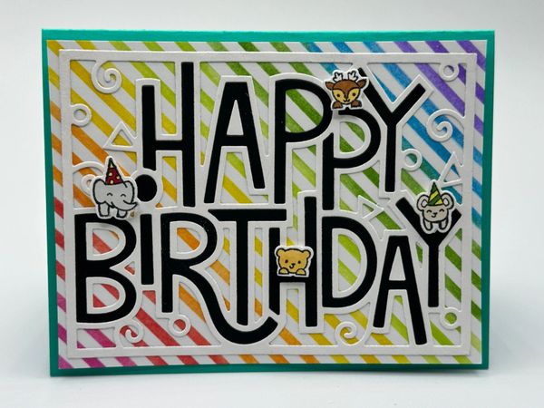 Happy Birthday Card, Rainbow, Cute little Animals, Deer, Bear,Mouse, Elephant