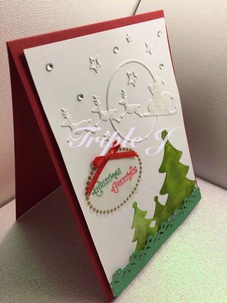 Christmas Greeting, Embossed, Trees, Santa Sled Deer