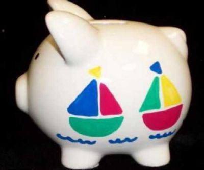 HAND PAINTED BOATS LARGE PIGGY BANK- PERSONALIZED-CERAMIC