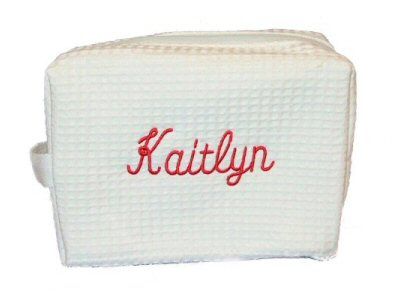 EMBROIDERED SMALL COSMETIC BAG- WHITE WAFFLE WEAVE