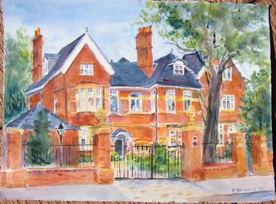 Watercolor of a red brick house