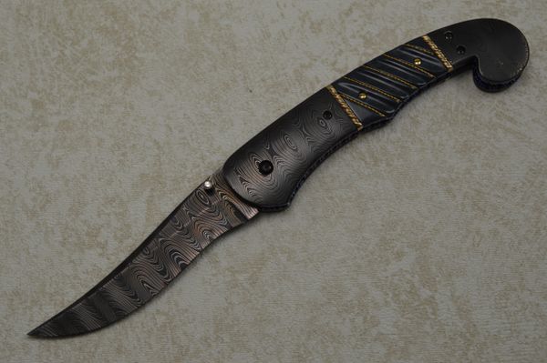 Jim Minnick Damascus Persian Liner-Lock Folding Knife, 18k/24k Gold, Diamond Stud (SOLD)