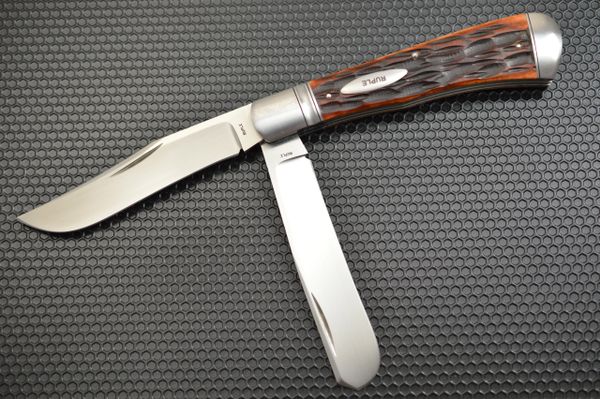 Bill Ruple 2-Blade Jigged Amber Bone Trapper, Slip-Joint Folding Knife (SOLD)