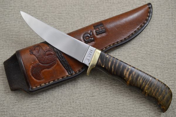 Lloyd Hale Tiger Stripe Maple Fixed Blade Hunting Knife, Leather Sheath (SOLD)