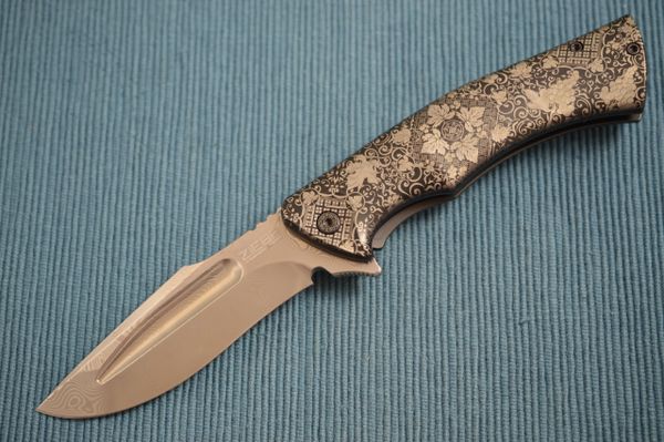Michael Zieba Custom S5 "GARDEN", Damasteel Blade, Laser Etched Frame-Lock Flipper Knife (SOLD)