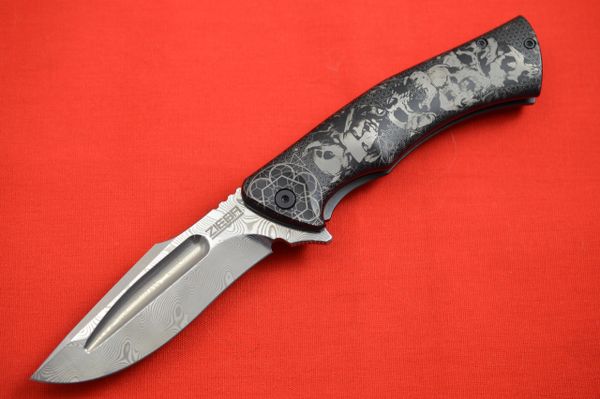 Michael Zieba Custom S5 "DEIFIC MASK", Damasteel Blade, Laser Etched Frame-Lock Flipper Knife (SOLD)