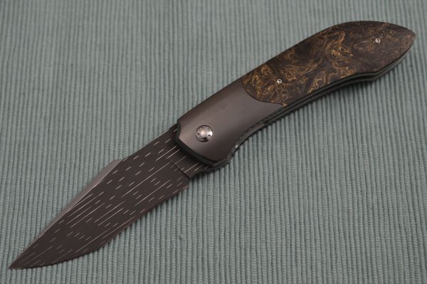 Stephane Sagric Damascus Liner-Lock Front Flipper Knife, Fat Carbon, Zirconium