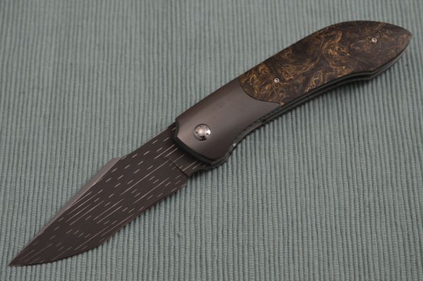 Stephane Sagric Damascus Liner-Lock Front Flipper Knife, Fat Carbon, Zirconium (SOLD)