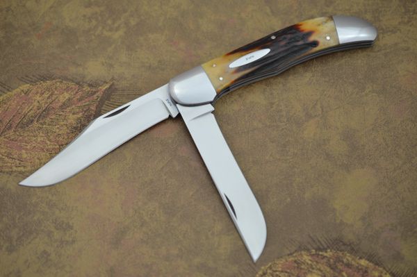 Bill Ruple 2-Blade Amber Stag Large Folding Hunter, Slip-Joint Knife (SOLD)