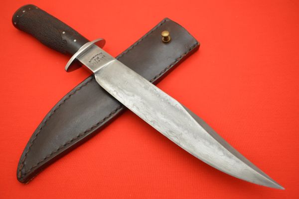 Bill Bagwell M.S. Damascus Fighting Knife, Leather Sheath (SOLD)