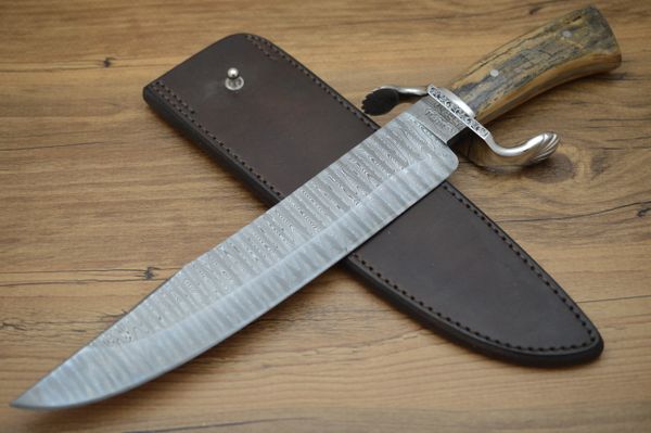 Mike Ruth Mammoth Damascus Frame Handle Seashell Bowie Knife + Rowe Leather Sheath